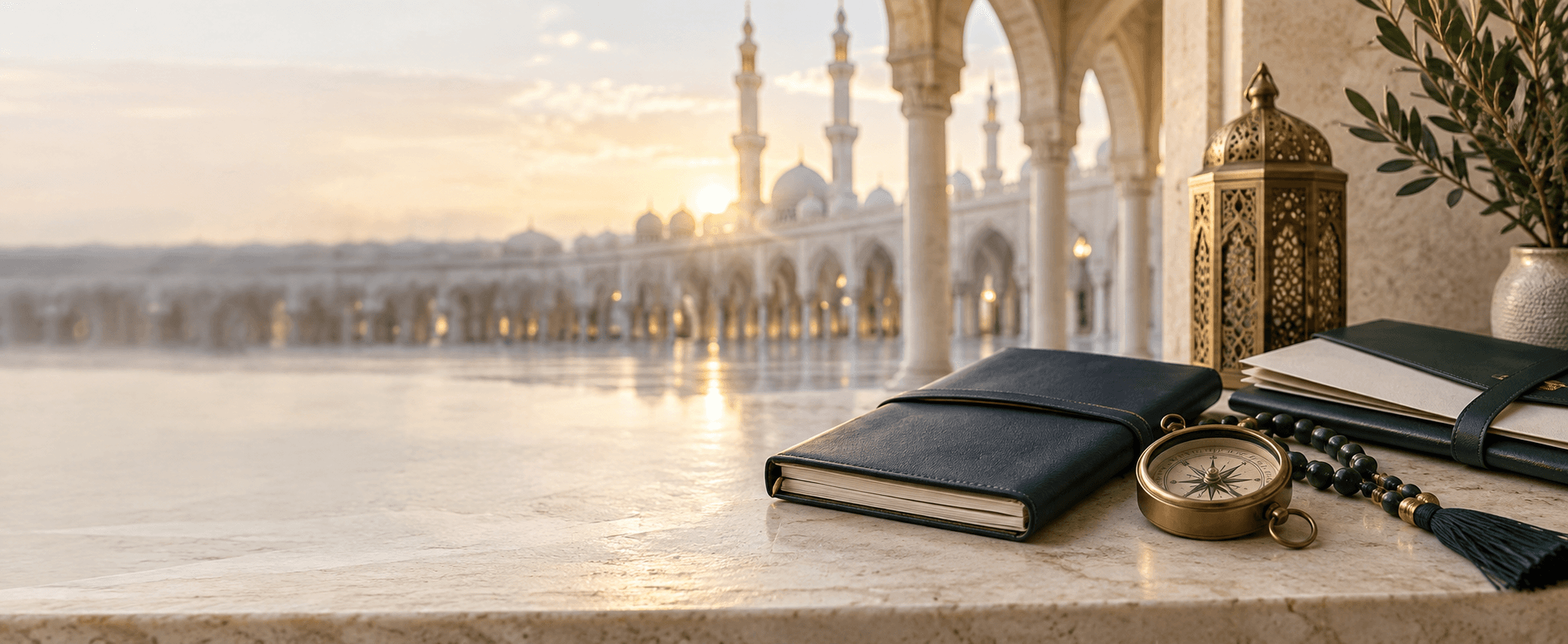 Travel journal, compass and document folder in soft morning light